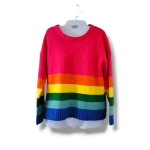 Love At First Find | Bold Colorful Rainbow Striped Fuzzy Knit Sweater (SIZE S)